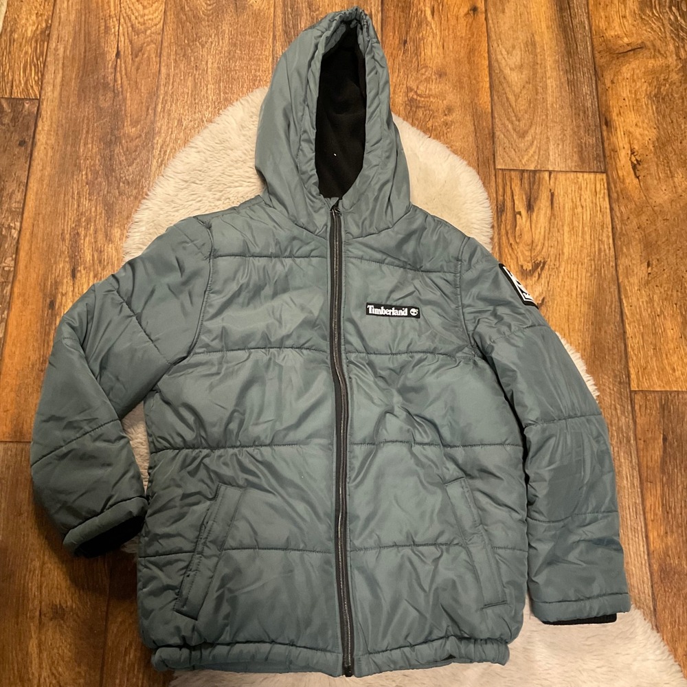 Timberland Winter Coat Size 10/12 Puffer Hooded Quilted Green Full Zip Pockets M
